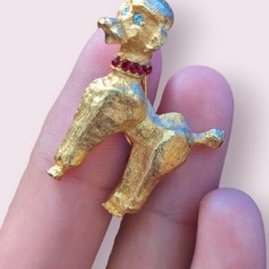 Vintage Gold Tone Poodle Pin with Red Rhinestone Collar